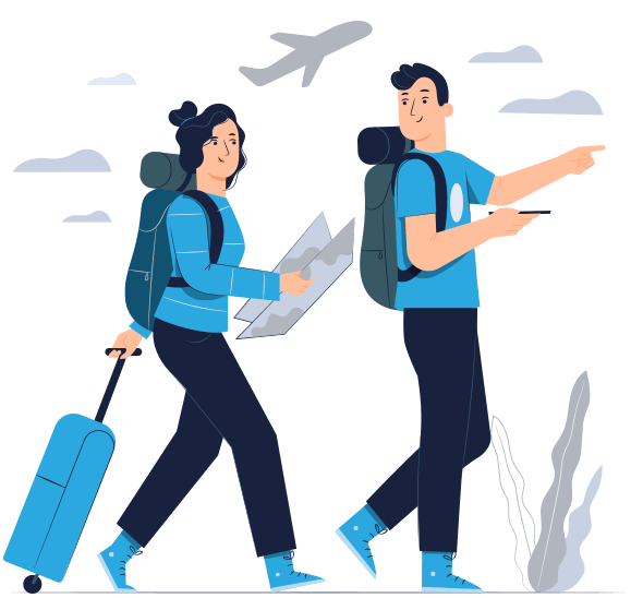 Ilustração de dois viajantes conversando, carregando bagagens e com um avião ao fundo.